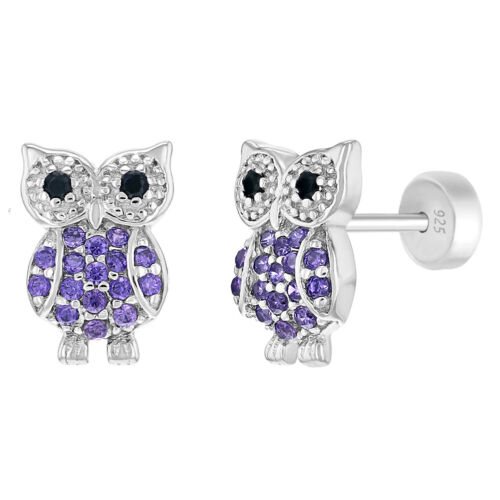 Details about  &nbsp;925 Sterling Silver Safety Push Back Purple CZ Owl Earrings For Girls & Teens