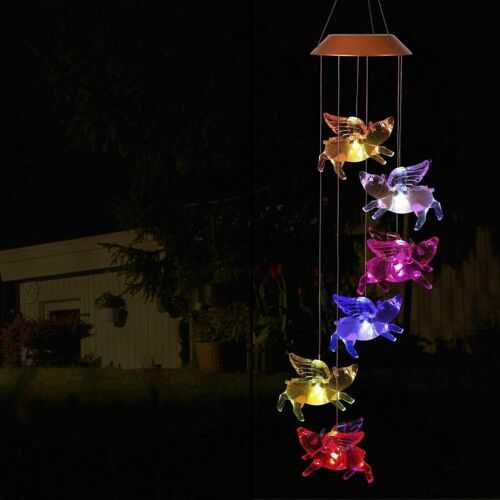 Solar Powered LED Flying Pigs Wind Chime Color-Changing Light Garden Decoration 