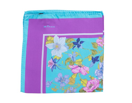 Kiton Blue /& Purple Floral Silk Pocket Square Handmade In Italy