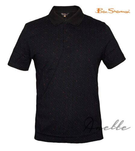 Ben Sherman New Men's Polo Shirt Black Spotted Buttons Down Collar Cotton BNWT 