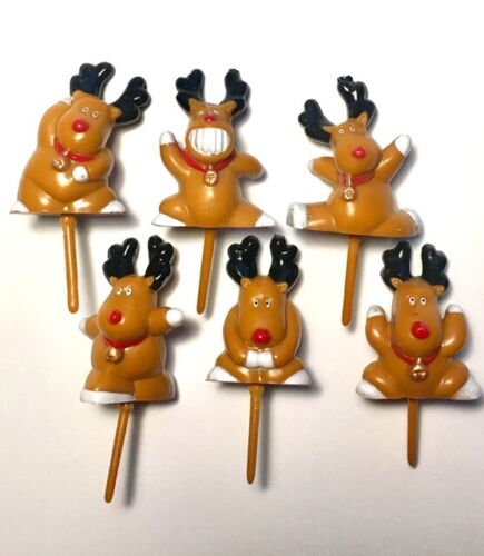 Rudolph Cake Toppers Mini Plastic Christmas Reindeer Yule Log Cupcake Decoration 