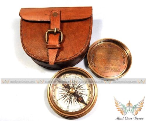 Vintage Brass antique Copper Robert Frost Poem Compass with Leather Cover Gift