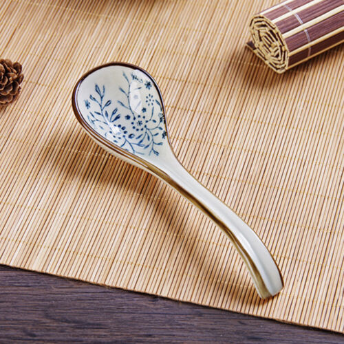 Japanese Soup Spoon Ceramic Glaze Tableware with Long Handle Flatware Cutlery 