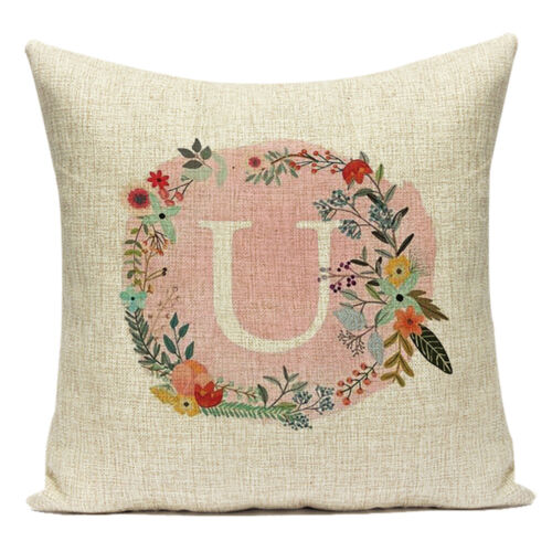 Letter Wreath Pink Printing Linen Cushion Cover Throw Pillow Cover Bed Home Deco