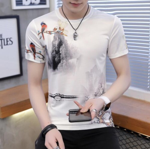 Mens Short Sleeve Ice Silk Floral Printing Slim Tee Casual T Shirts Chinese Tops