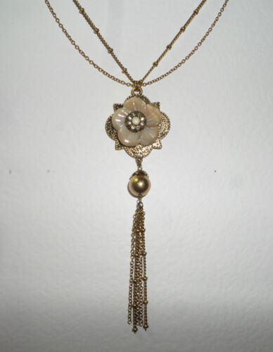 LONG MOTHER OF PEARL art nouveau style FLOWER TASSEL NECKLACE DARK GOLD PLATED