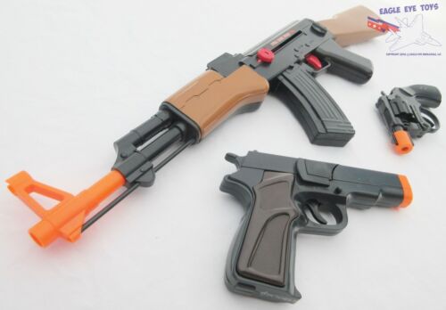 3x Toy Guns Friction AK-47 Toy Rifle Black 9MM Pistol /& Revolver Cap Gun Set