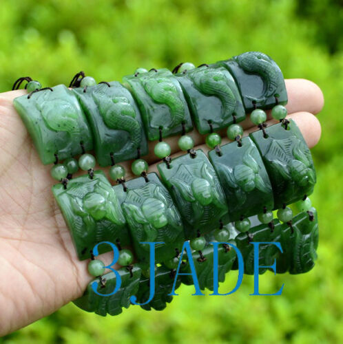 Natural Green Nephrite Jade Carved Five Poisonous Creatures Bracelet 