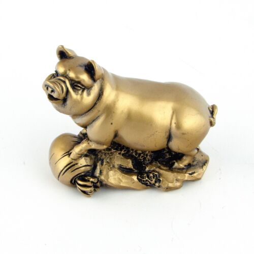 Chinese Zodiac Golden Pig Statue Boar Figurine Feng Shui Animal Bronze Color 4in