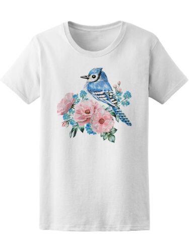 Image by Shutterstock Watercolor Flowers Blue Jay Bird Women/'s Tee
