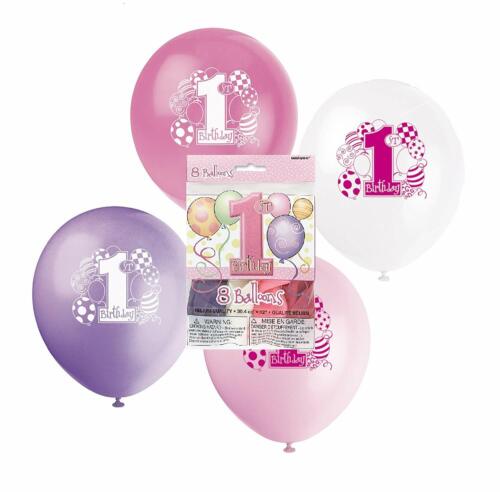 8 x Filles 1st Anniversaire Latex Ballons 12" rose violet Fête Décoration Fournitures 
