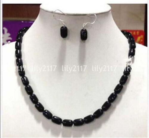 Natural 8X12mm black agate Gemstone columnar beads necklace earrings set 18" AAA 