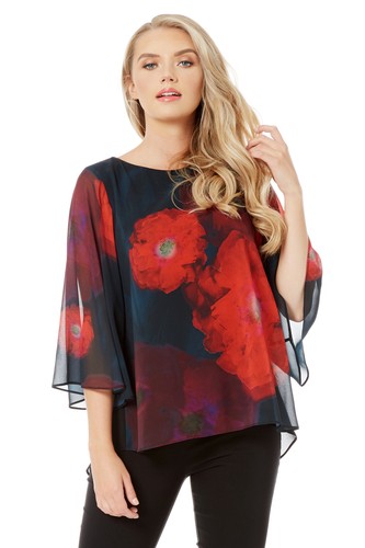 Roman Originals Women Floral Print Chiffon Overlay Top in Red size 10-20