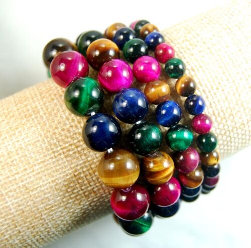 Handmade Colorful tiger/'s Eye Gemstone Round Beads Stretch Bracelet AAA