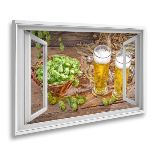 Bild auf Leinwand Fensterblick Kaltes Bier umgeben von Hopfenzapfen Sagenhafter 