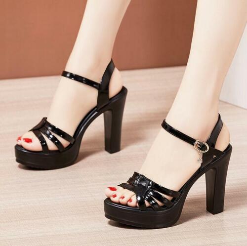 Women/'s Platform Block Heels Sandals Ankle Strap Patent Leather Slingback Shoes