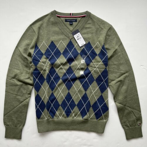 NWT Tommy Hilfiger Men/'s Argyle All Cotton Pullover V-Neck Sweater All Sizes NEW