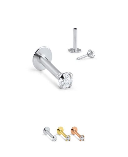 14K Solid White Rose Gold Diamond Labret Nose Ring Monroe Push Pin 18G Yellow