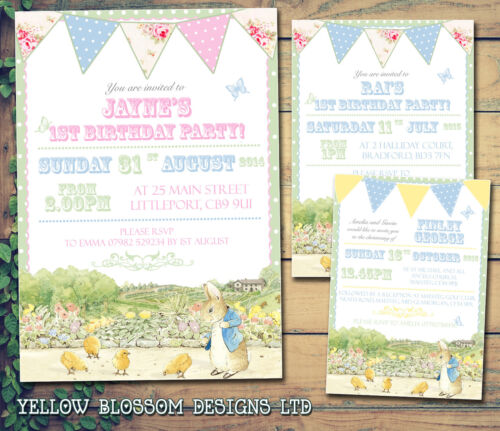 10 Personalised Birthday Party Invitation Thank You Vintage Bunting Peter Rabbit