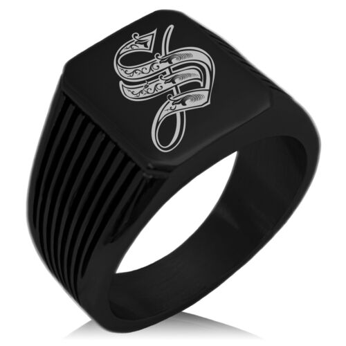 Stainless Steel Mens Royal Monogram Initial Striped Black Signet Ring 