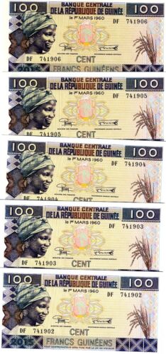 UNC /> Resized LOT Guinea 5 x 100 Francs 2015 new sign 2016 date P-New
