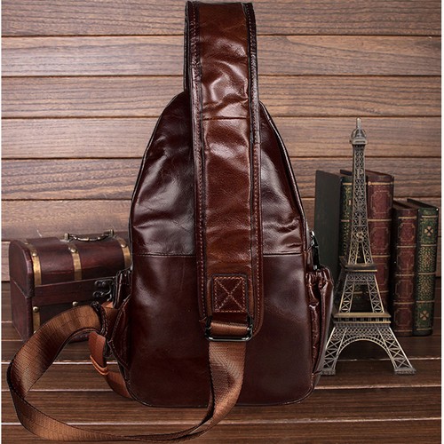 Men Oil Wax Genuine Leather Sling Chest Pack Messenger Shoulder Cross Body Bag