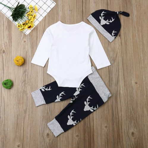 Newborn Baby Boy Clothes Little Man Romper Top+Deer Pants+Hat 3Pcs Outfit Set