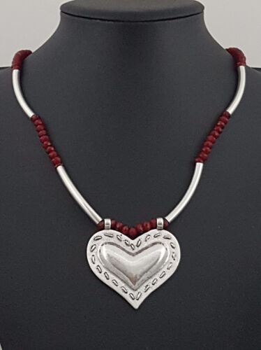 Modern Antiqued Silver tubes Red Ruby Beads Strand Heart Necklace Lagenlook J