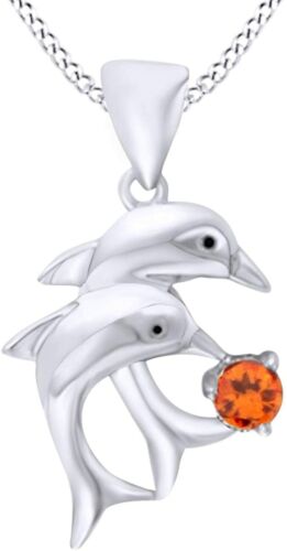 14k White Gold Over Sterling Silver Double Dolphin Pendant Necklace