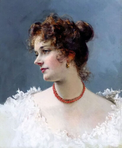 Hand painted Oil painting portrait of a lady with red necklace white dress