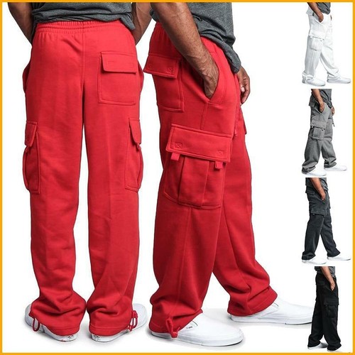 ❤️ Men Jogger Heavy Weight Fleece Cargo Pocket Sweat Pants Casual Loose Trousers