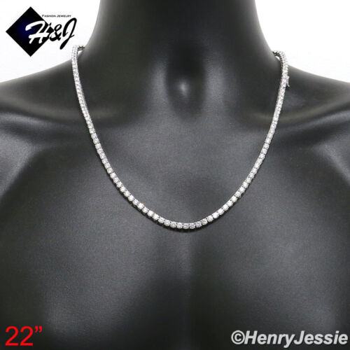 16"-30"MEN 14K WHITE GOLD FINISH 4MM ICED BLING 1 ROW TENNIS CHAIN NECKLACE*BN2 