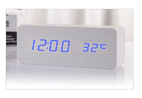 Voice Control Calendar Thermomètre Wooden DEL Digital Alarm Clock USB/AAA UK 