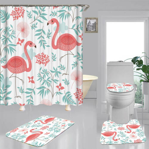 Cartoon Flamingo Door Bath Mat Toilet Cover Rugs Shower Curtain Bathroom Set 