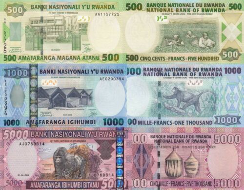 5000 Francs Rwanda 3 Note Set: 500 p-33 UNC - p-30 1000 p-31 01.07.2004
