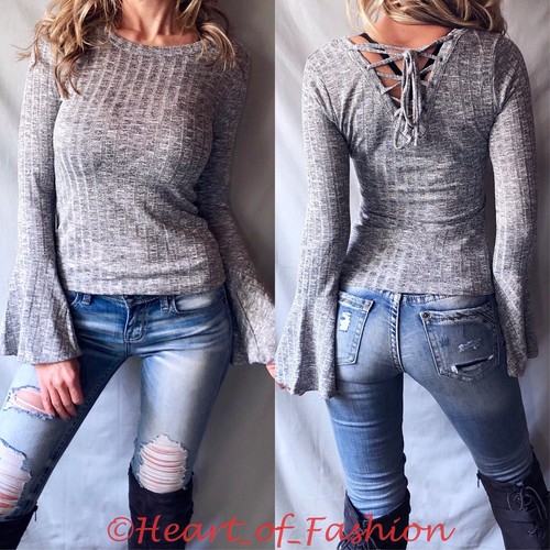 Gray Lace Up Back Slub Ribbed Soft Long Bell Sleeve Women/'s Junior Fall Top