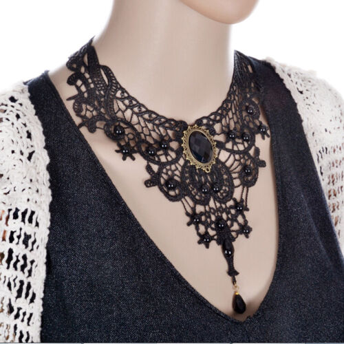 Black Lace Bead Choker Victorian Steampunk Style Gothic Collar Necklace Hot HIER 