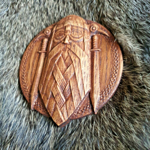 Viking Norse God Thor Ravens Solid Oak Shield Onlay Carved Odin Wood Carving