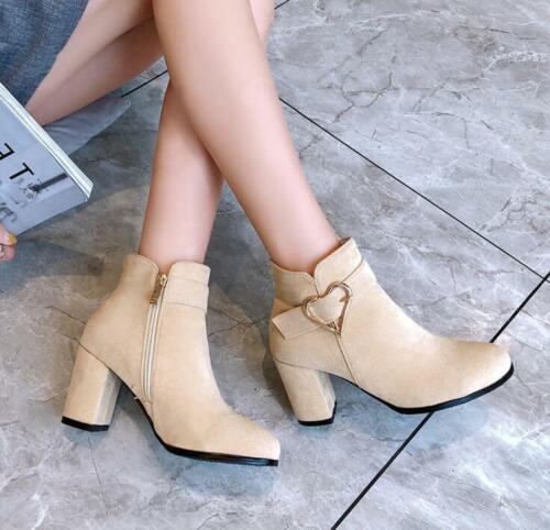 Details about   Womens Fashion Round Toe Metal Decor Faux Suede Ankle Boots Pumps Mid Heels Size 