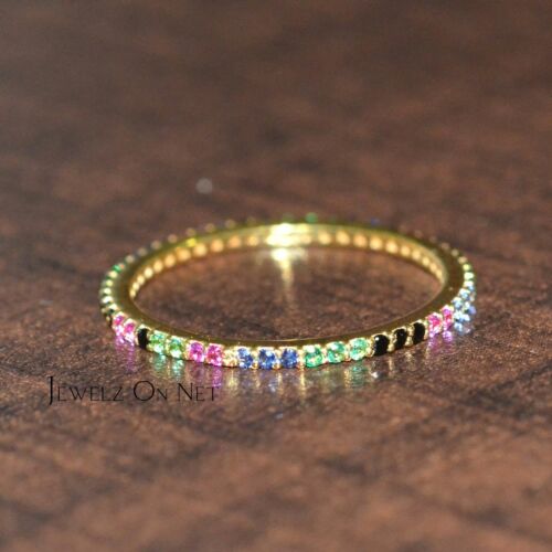 Or Véritable Diamant Noir et Multi Sapphire Gemstone Eternity Band Ring