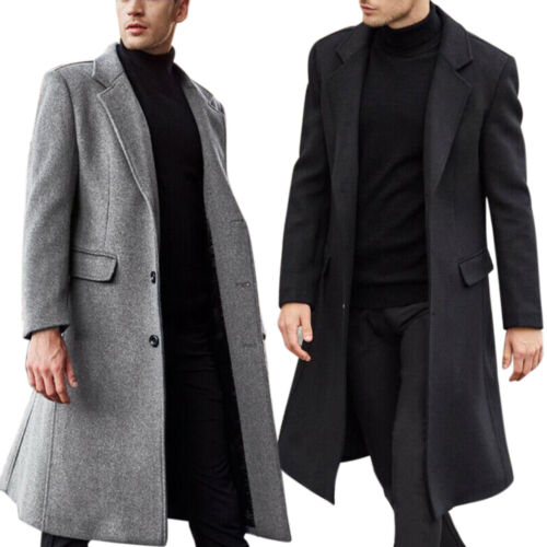 Mens Woolen Trench Coat Winter Warm Long Jacket Overcoat Fomal office Outwear 