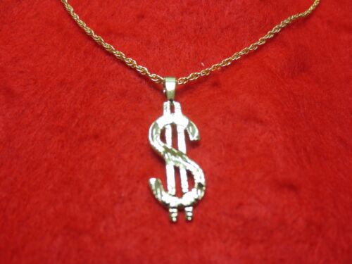 14 KT GOLD EP ALMOST 1 1/2&#034; DOLLAR SIGN $  CHARM W/ 16&#034;-30&#034; ROPE CHAIN-2674