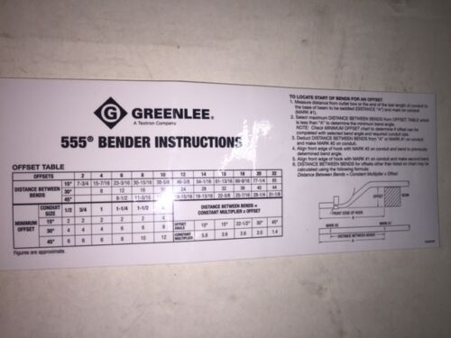 NEW GREENLEE 555 CONDUIT PIPE BENDER DECAL TOP COVER CIRCUIT BOARD COVER PART 