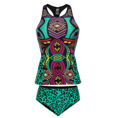 Damen Tankini Set Bademode Leopard Sports Monokini Beachwear Einteiler Badeanzug 