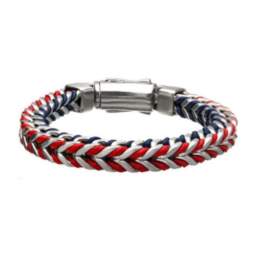 Details about  / Stainless Steel American Flag Matte with Blue and Red Leather Bracelet