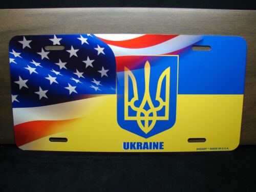 UKRAINIAN AMERICAN FLAG LICENSE PLATE FOR CARS UKRAINIAN TRYZUB  УКРАЇНА ПРАПОР