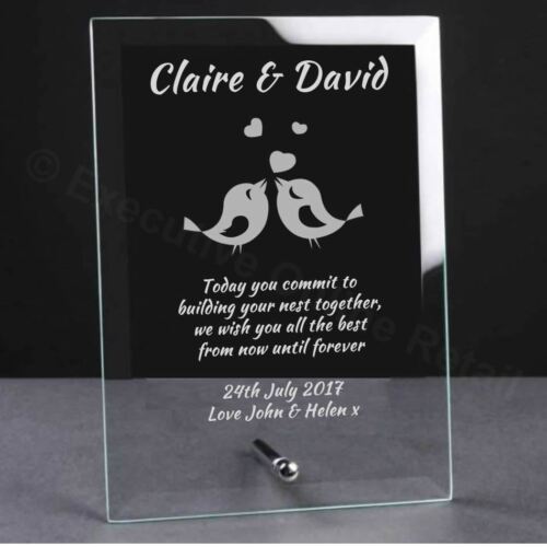 Personalised Engraved Wedding Love Bird Glass Plaque, Gift for the Bride & Groom
