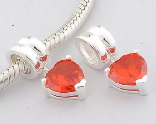 Sterling Silver Red Cubic Zirconia Love Heart Dangle Bead for Charm Bracelet 