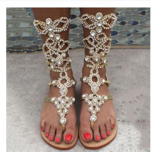 Details about   Womens Gladiator Rhinestone Bling Strap Back Zip Sandals Flats Boho Beach Shoes 