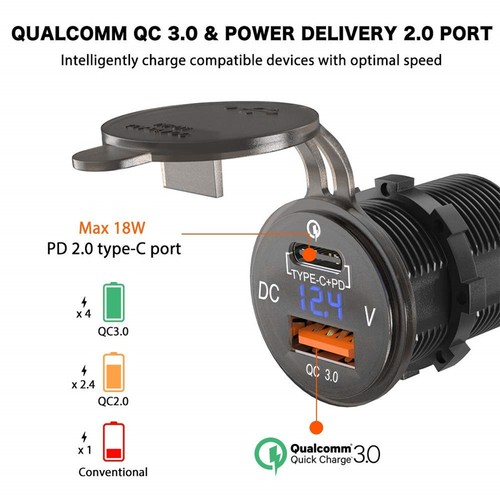3 IN 1 TYPE-C QC3.0 5V//3A LED Digital Voltmeter for 12//24V Marine Boat Car Truck